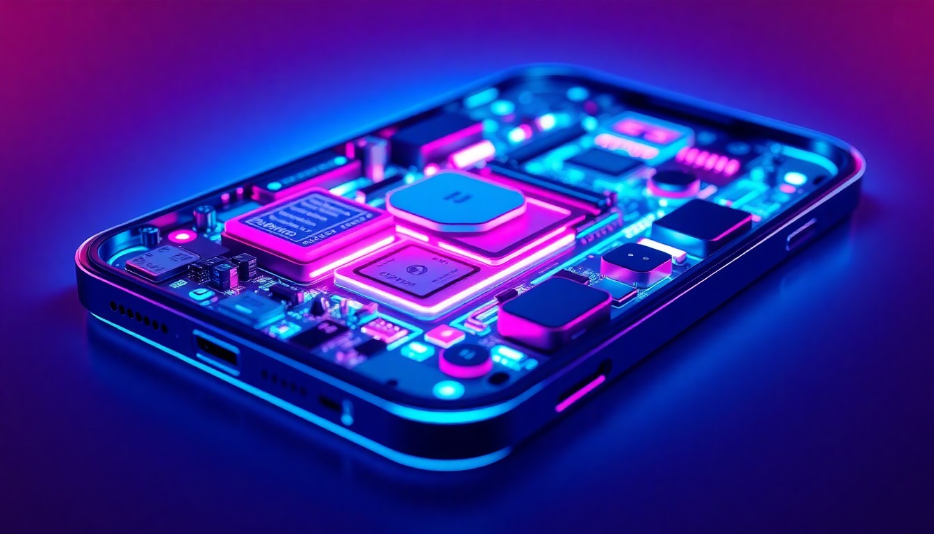 A highly detailed, glowing 3D macro illustration of a futuristic, illuminated smartphone chassis in neon cyan and magenta hues, conceptually representing the advanced internal hardware and technology powering the next-generation iPhone.