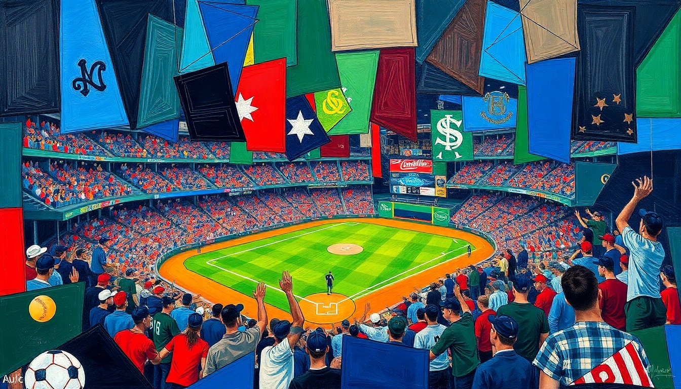 A fragmented, geometric painting in bold blues, greens, and reds, depicting an abstract baseball celebration scene with overlapping shapes and perspectives.