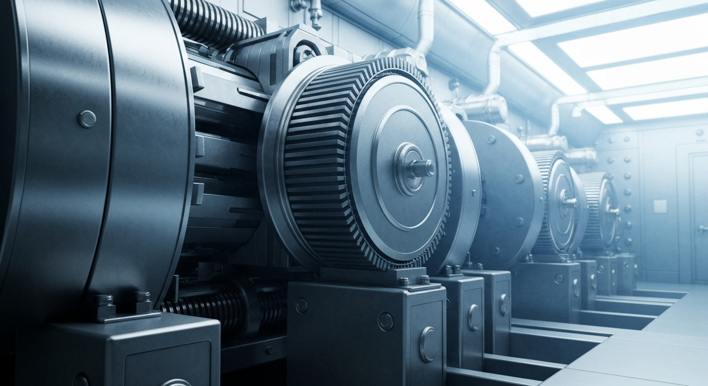 An extreme close-up of gleaming, intricate banking machinery and equipment, representing the complex financial infrastructure underlying the healthcare real estate sector.