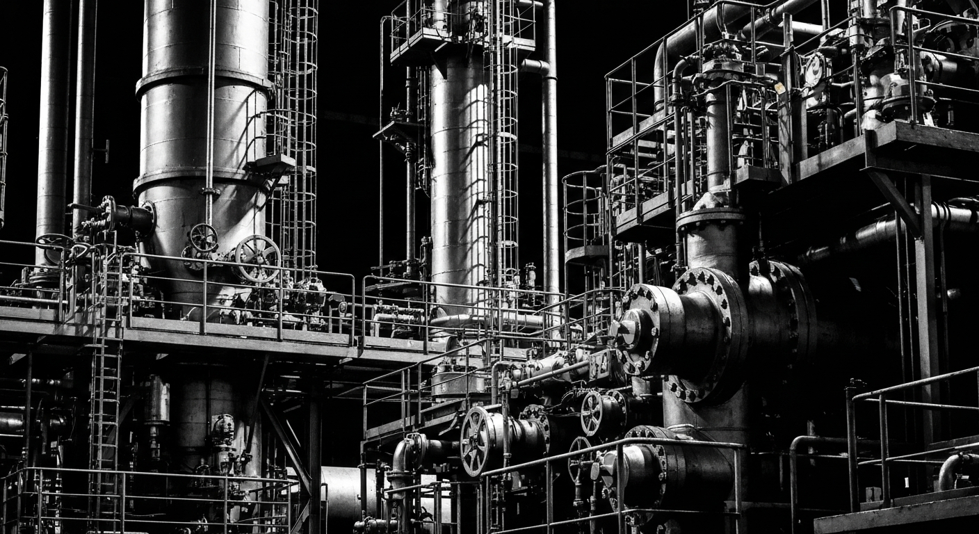 A high-contrast black and white image depicting the heavy, industrial machinery and equipment used in chemical manufacturing, conveying a sense of the scale, power, and technical sophistication of this industry.