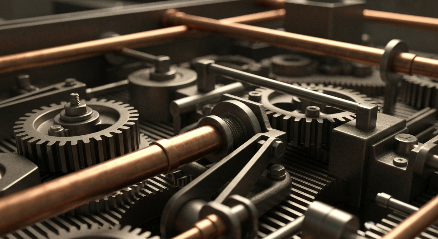 A highly detailed, black-and-white close-up image of gears, levers, and other heavy industrial machinery, representing the complex financial infrastructure of the insurance industry.