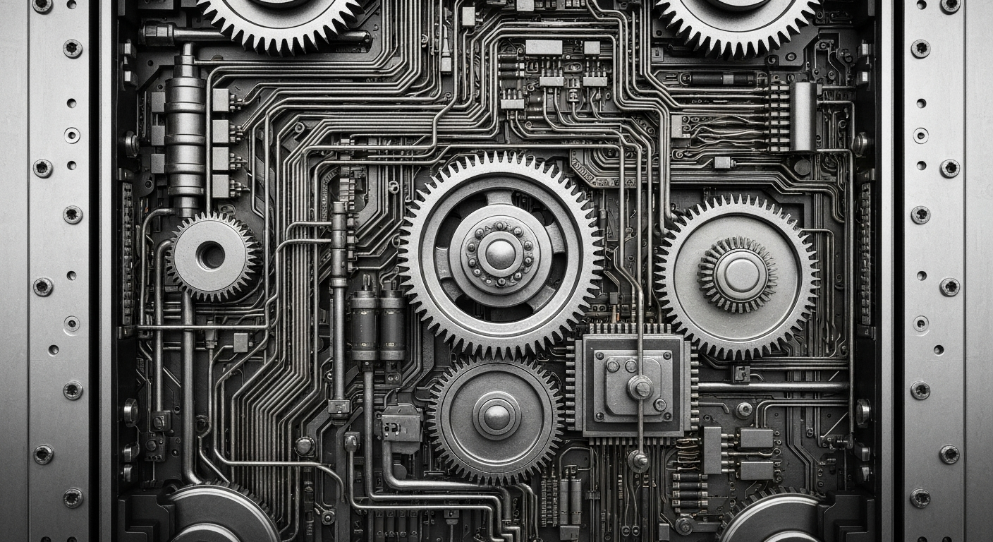 An extreme close-up of complex, interlocking financial machinery and banking equipment, conveying the institutional power and technological sophistication underlying the media industry.