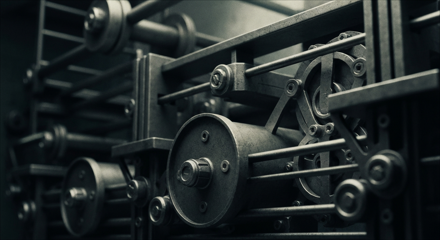 An extreme close-up of gears, levers, and other heavy industrial banking equipment, conveying a sense of the complex, interconnected systems that underpin the modern financial world.