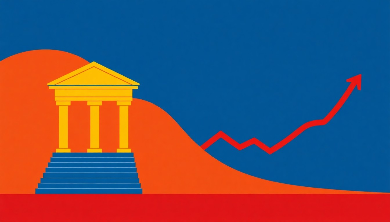 A minimalist abstract illustration featuring overlapping triangles and circles in shades of blue, red, and yellow, conceptually representing the complex interplay of monetary policy, inflation, and currency exchange rates.