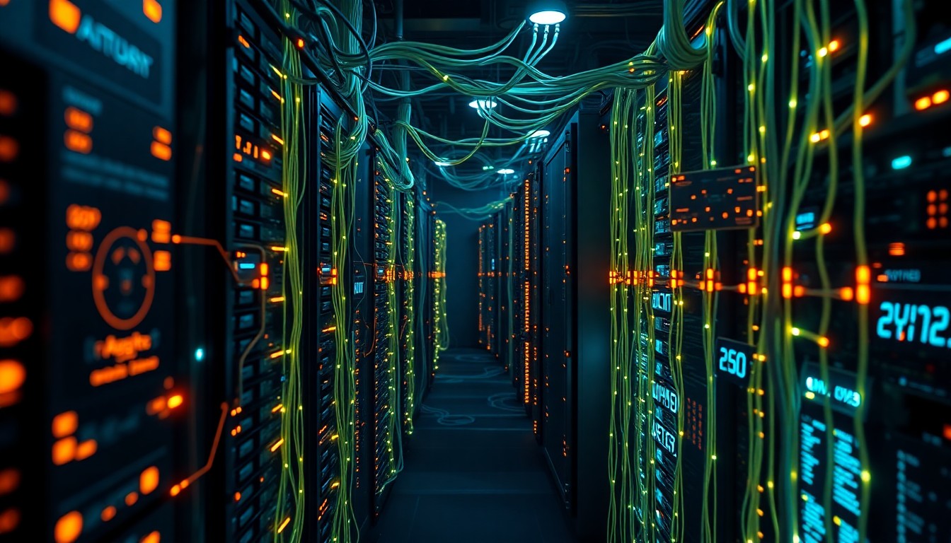 A highly detailed, glowing 3D illustration of an intricate AI neural network infrastructure, with illuminated cables, processors, and data servers in a dark, moody environment, conveying the technical complexity and high-stakes nature of the AI industry.
