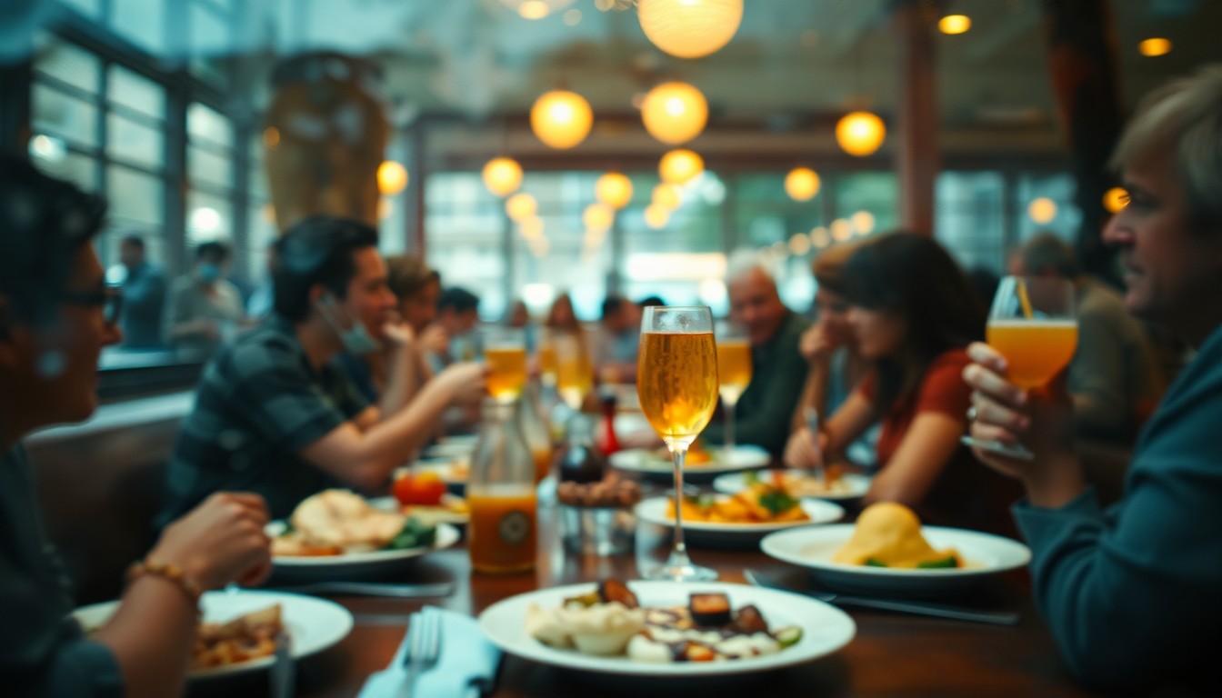 An extremely blurred and abstracted photograph showing the hazy outlines of brunch dishes, glassware, and figures enjoying a meal, conveying the relaxed, indulgent atmosphere of a downtown Sarasota brunch.