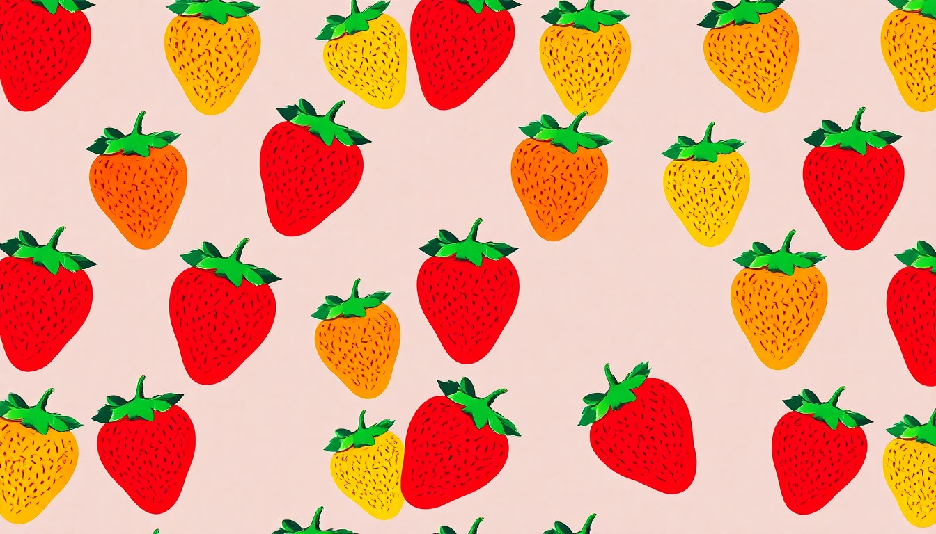 A highly stylized, pop art-inspired illustration featuring a grid of brightly colored, silkscreened strawberry images in neon shades of red, pink, and orange, conceptually representing the abundance of seasonal produce available at the local farmers market.