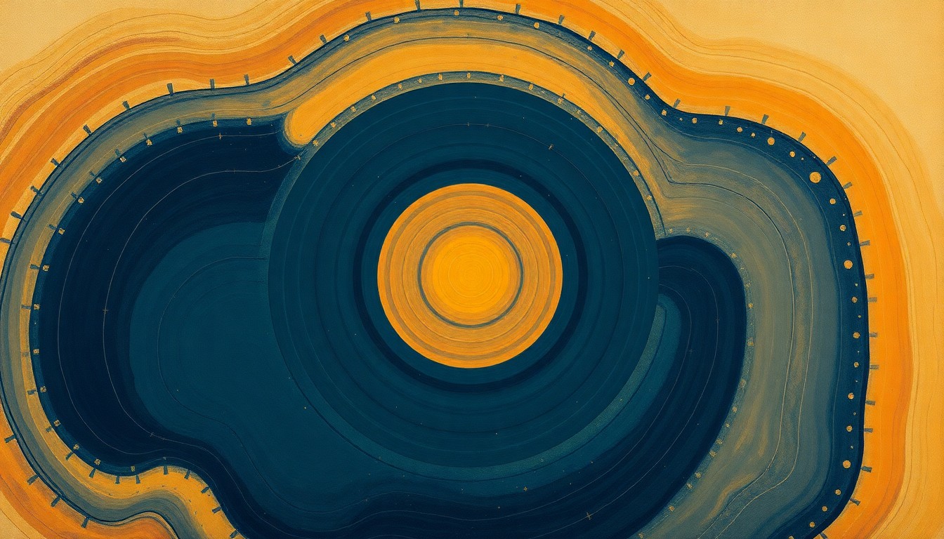 A bold, abstract painting in earthy tones depicting a complex, swirling composition of geometric shapes, concentric circles, and intersecting waveforms, conceptually representing the chemical and geological forces at play in an impact-generated hydrothermal system that may have provided the conditions for the origin of life.