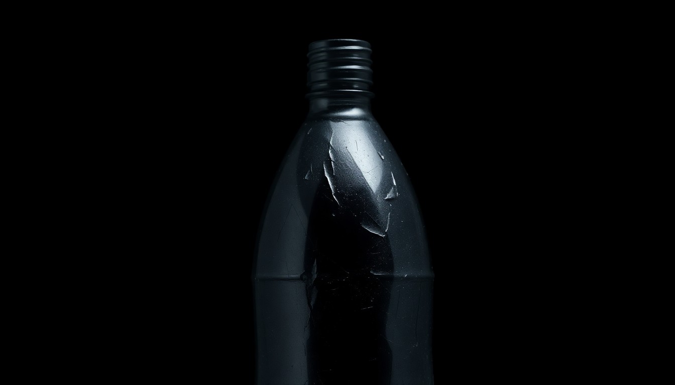 An extreme close-up of a dented and cracked metal water bottle, its surface reflecting a harsh, direct flash of light against a pitch-black background, conceptually representing the weapon used in a fatal school bullying incident.