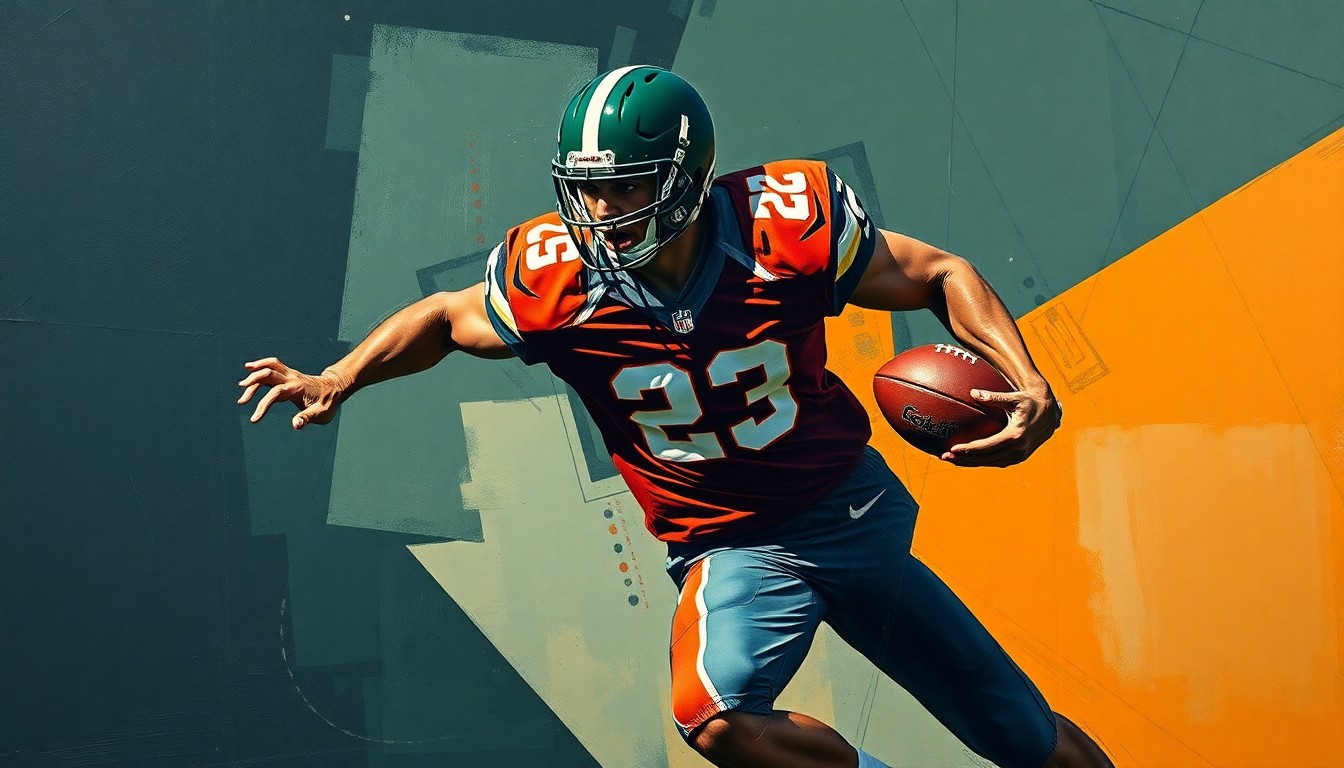 A cubist, geometric painting depicting a football player in motion, with sharp, overlapping planes of navy, green, and orange conveying the dynamic energy of the sport.