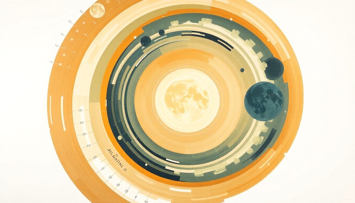 A highly structured abstract painting in muted earth tones, featuring sweeping geometric arcs, concentric circles, and precise botanical spirals, conceptually representing the complex scientific forces and achievements behind the first moon landing.