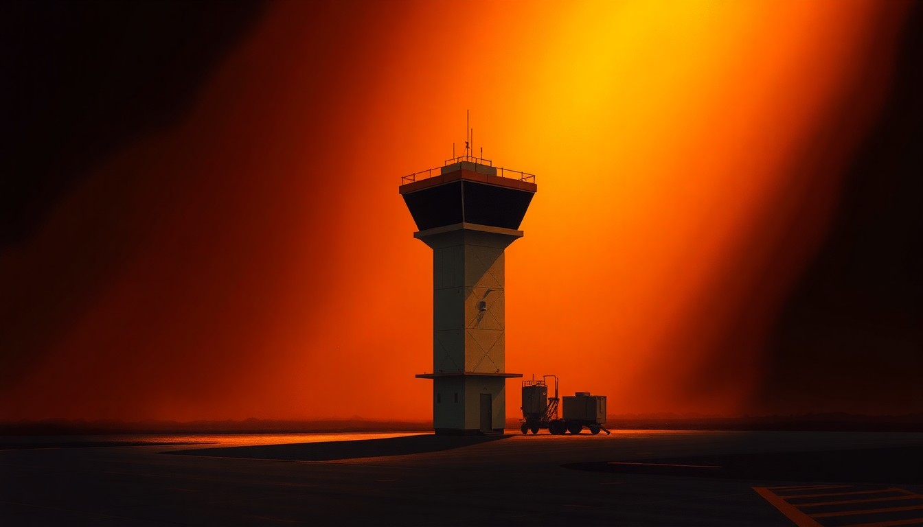 A serene, cinematic painting depicting the silhouette of an airport control tower against a backdrop of warm, golden sunlight and deep shadows, conveying a sense of quiet contemplation and the tension underlying the dispute over the airport's governance.