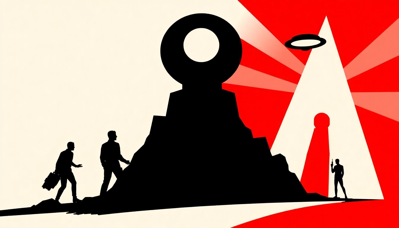 A bold, abstract composition of jagged geometric shapes in high-contrast red and black, conceptually representing the tension between Hollywood's narratives and the potential reality of extraterrestrial contact.