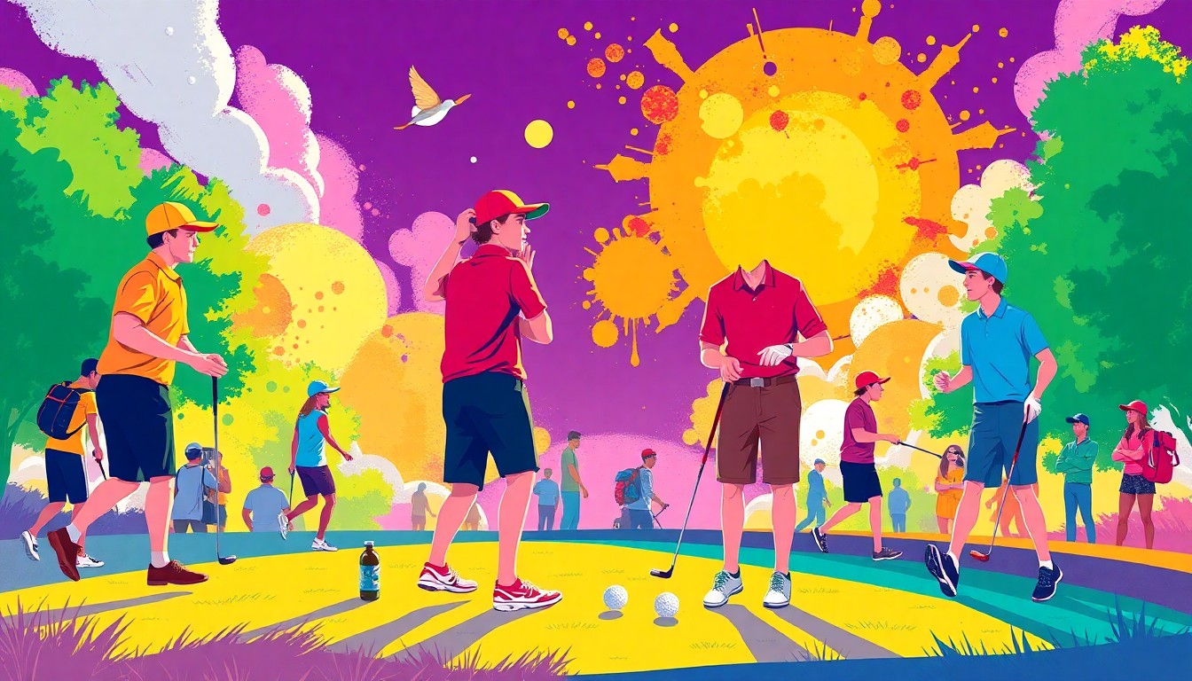 A dynamic, abstract illustration using bold brushstrokes and geometric shapes in a variety of bright colors to represent the excitement and teamwork of a high school golf tournament.