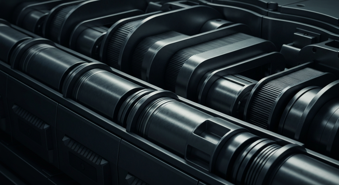 An extreme close-up of industrial machinery and equipment, conveying the complex, powerful, and tangible nature of modern finance and banking without using any literal currency or financial symbols.