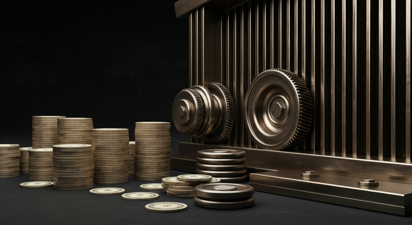 An extreme close-up of intricate gears, levers, and metal components of a banking machine, conveying a sense of financial power and security through its heavy, industrial design.