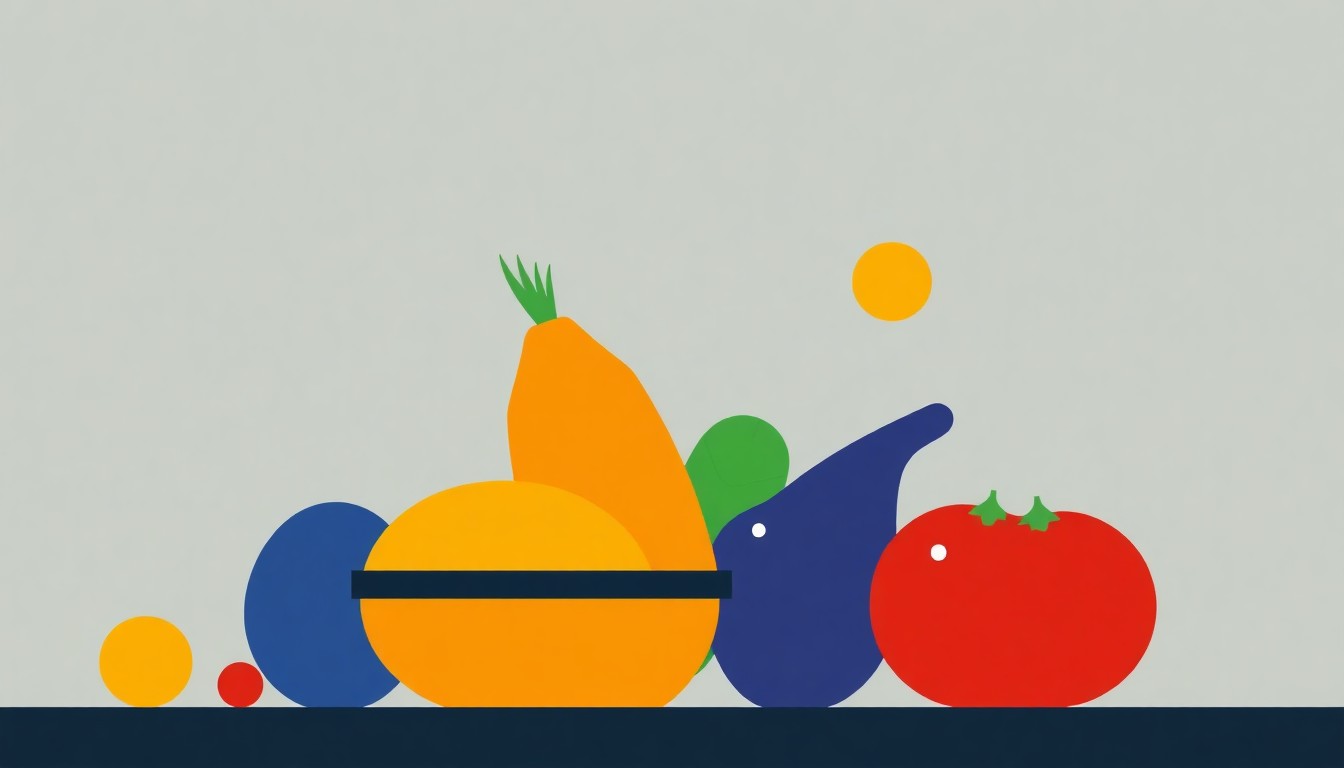 An abstract geometric composition using bold shapes and primary colors to conceptually represent the impact of rising energy costs on the produce supply chain.