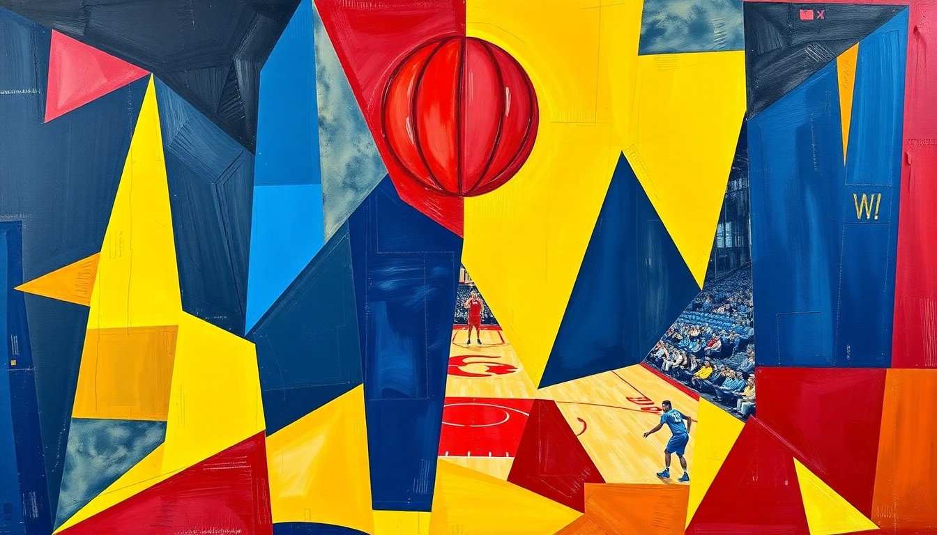 A cubist, geometric painting featuring overlapping planes of navy blue, maize yellow, and crimson red, conceptually representing the dynamic energy and multiple viewpoints of the Fab Five's alternate broadcast of the Michigan-Arizona Final Four game.