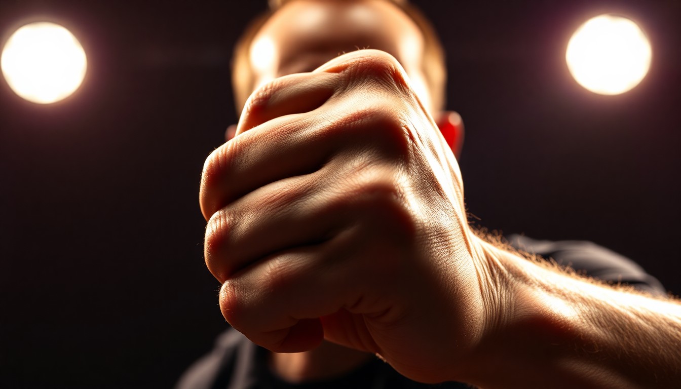An extreme close-up photograph of a clenched fist in dramatic studio lighting, conceptually representing the dedication and intensity of an actor performing their own stunt work.