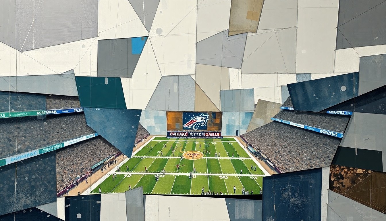 A cubist-style painting depicting a fragmented, geometric interpretation of an NFL Draft event, with overlapping planes of muted colors representing the diverse talent pool available to teams.