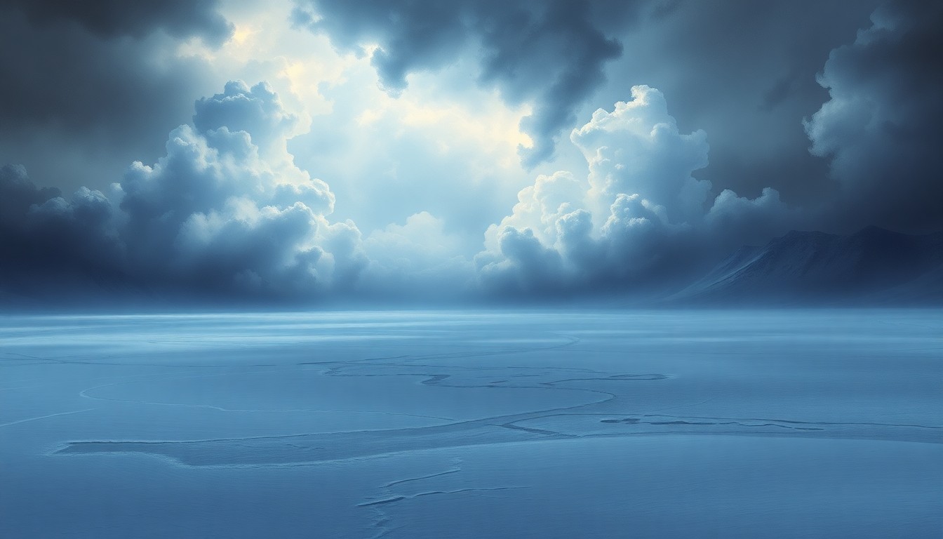 A vast, frozen landscape painting in muted tones of blue, gray, and white, with a dramatic, cloudy sky overhead, conceptually representing the overwhelming force of a major winter storm.