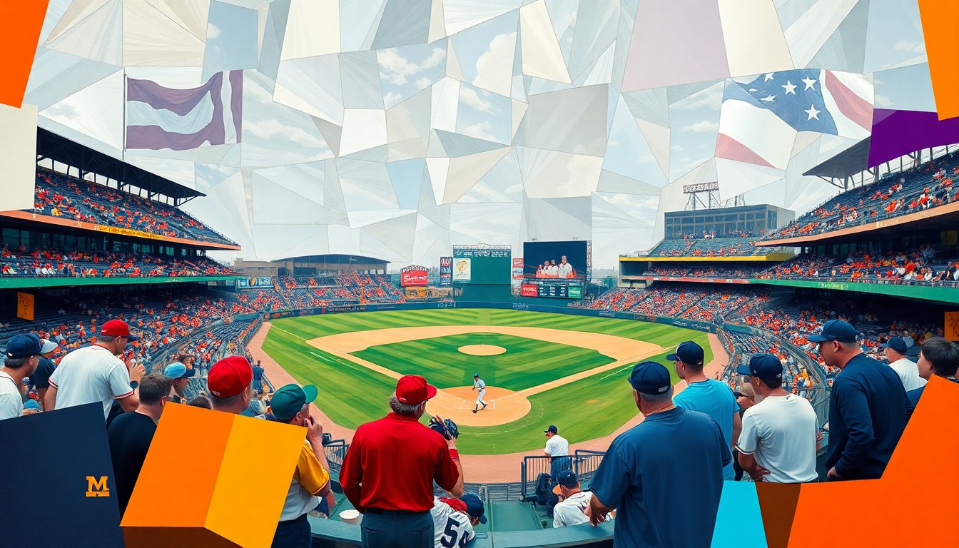 A fractured, geometric painting depicting a high school baseball game, with sharp planes of color representing the players, field, and century-old stadium architecture.