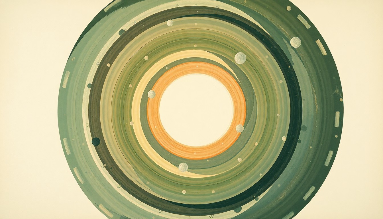 A highly structured abstract painting featuring sweeping geometric arcs, concentric planetary circles, and precise botanical spirals in earthy tones of green, brown, and blue, conceptually representing the complex scientific and engineering forces behind the Artemis II moon mission.