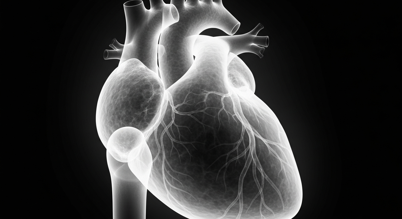 A ghostly, translucent X-ray photograph of a human heart, glowing with internal structures and veins against a dark background, conceptually representing the life-saving surgery that gave this hospital volunteer a new lease on life.