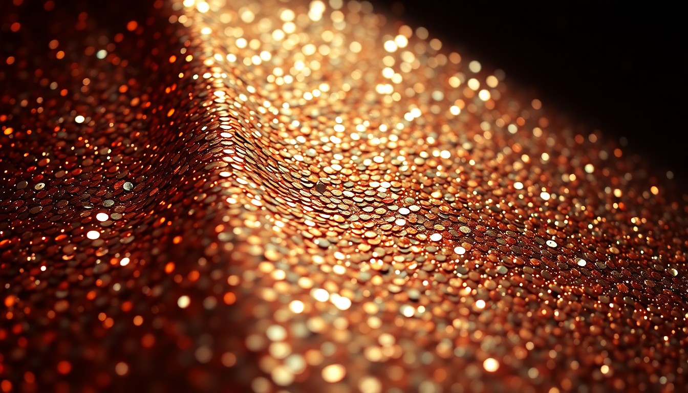 An extreme close-up photograph of heavily textured, glittering sequins in dramatic high-contrast studio lighting, conceptually representing the glamour and artifice of Hollywood beauty standards.