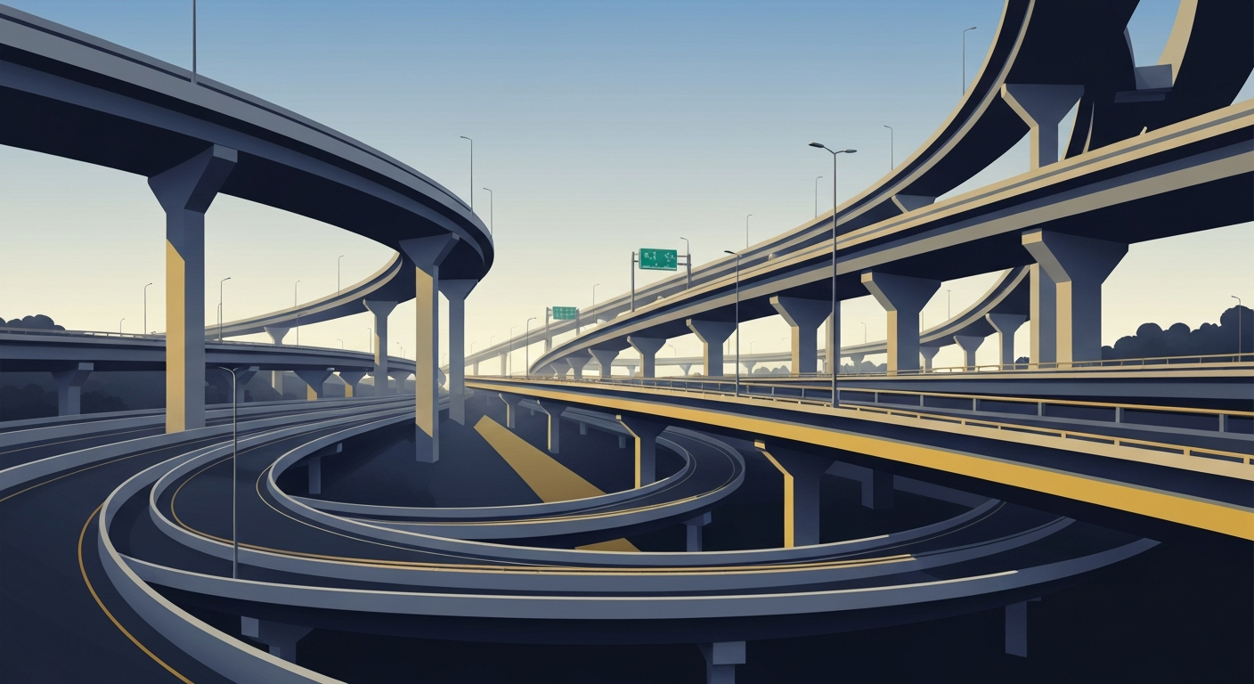 A bold, highly geometric composition in shades of blue, gray, and gold depicting the towering overpasses and forced perspectives of a major highway interchange, capturing the grand scale and sweeping motion of the roadways without any literal depiction of vehicles or people.