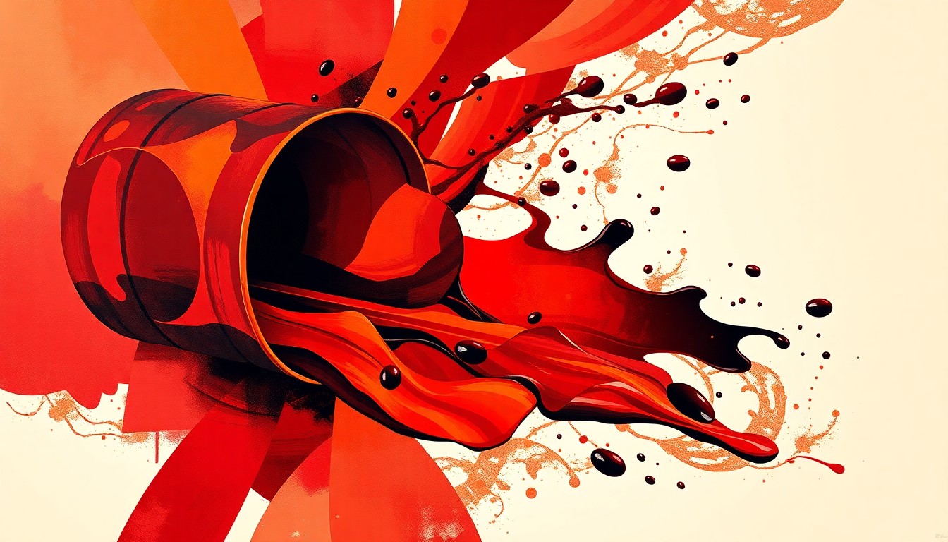 A highly stylized, fragmented painting depicting a cracked oil barrel spilling crude oil in a chaotic, overlapping pattern of bold reds, oranges, and blacks, conveying the volatility and disruption of the global energy market.