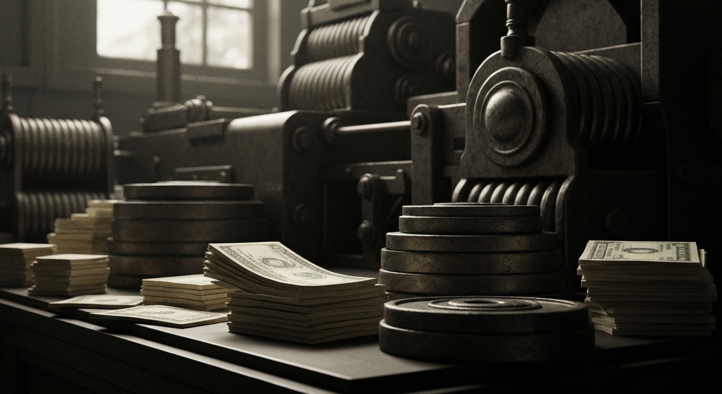 An extreme close-up of gears, levers, and other heavy machinery components, conveying the complex mechanics of the banking industry in a conceptual, non-literal manner.