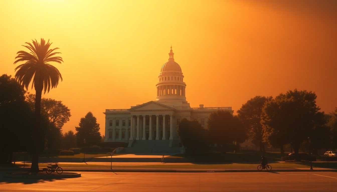 A photorealistic painting of the California state capitol building, rendered in warm, muted tones with dramatic shadows and highlights, conveying a sense of political uncertainty and transition.