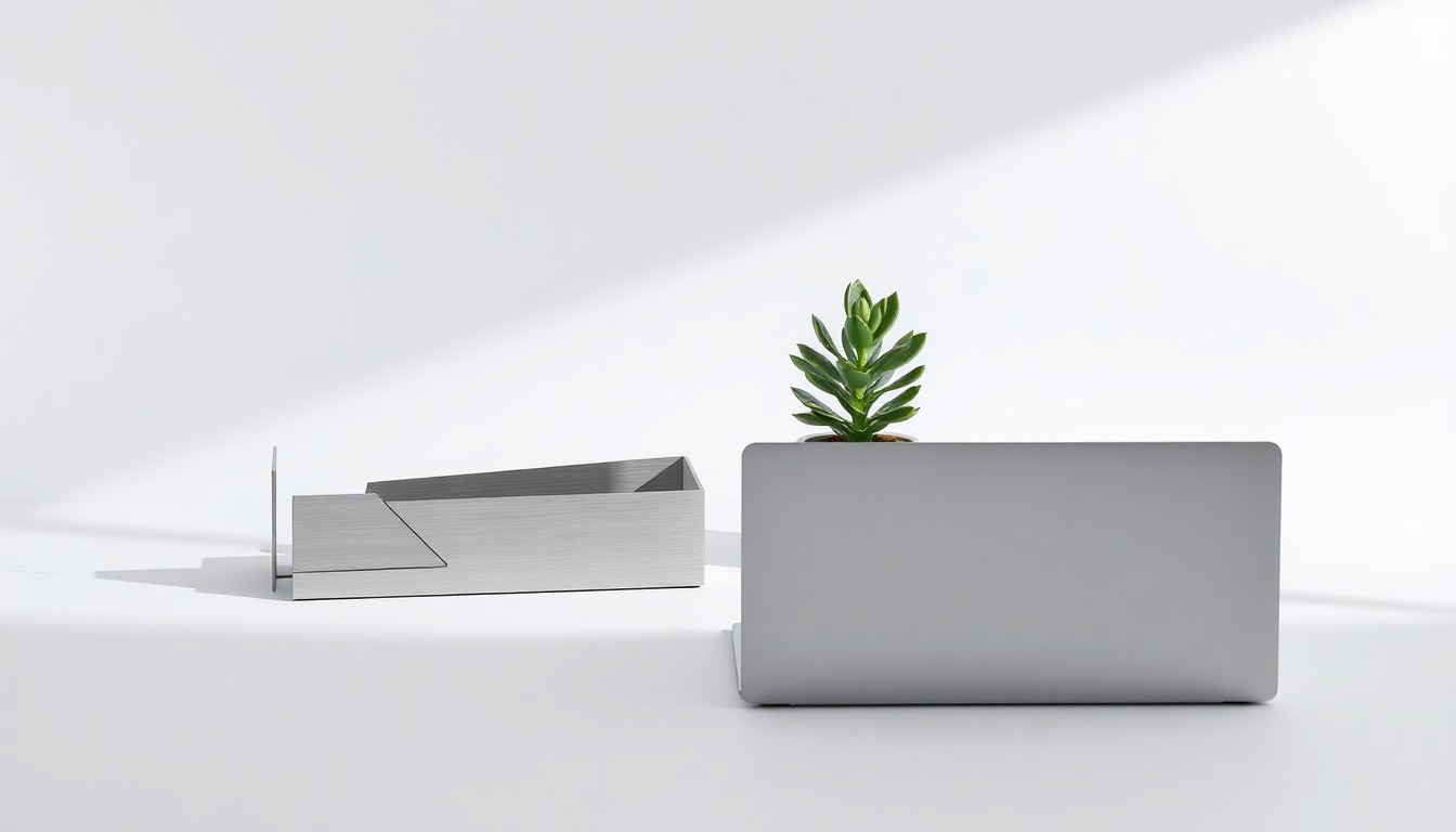 A minimalist, high-contrast studio photograph featuring a sleek, geometric desk organizer, a laptop, and a potted plant, symbolizing the abstract concepts of corporate restructuring and the integration of AI into the workplace.