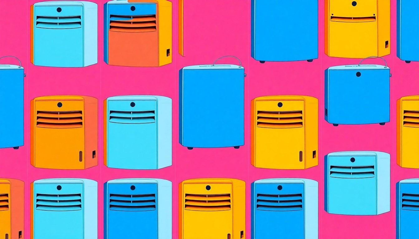 A bold, colorful silkscreen-style illustration featuring a single dehumidifier unit repeated in a grid pattern, capturing the modern, design-forward aesthetic of Avylo's latest energy-efficient home climate solution.