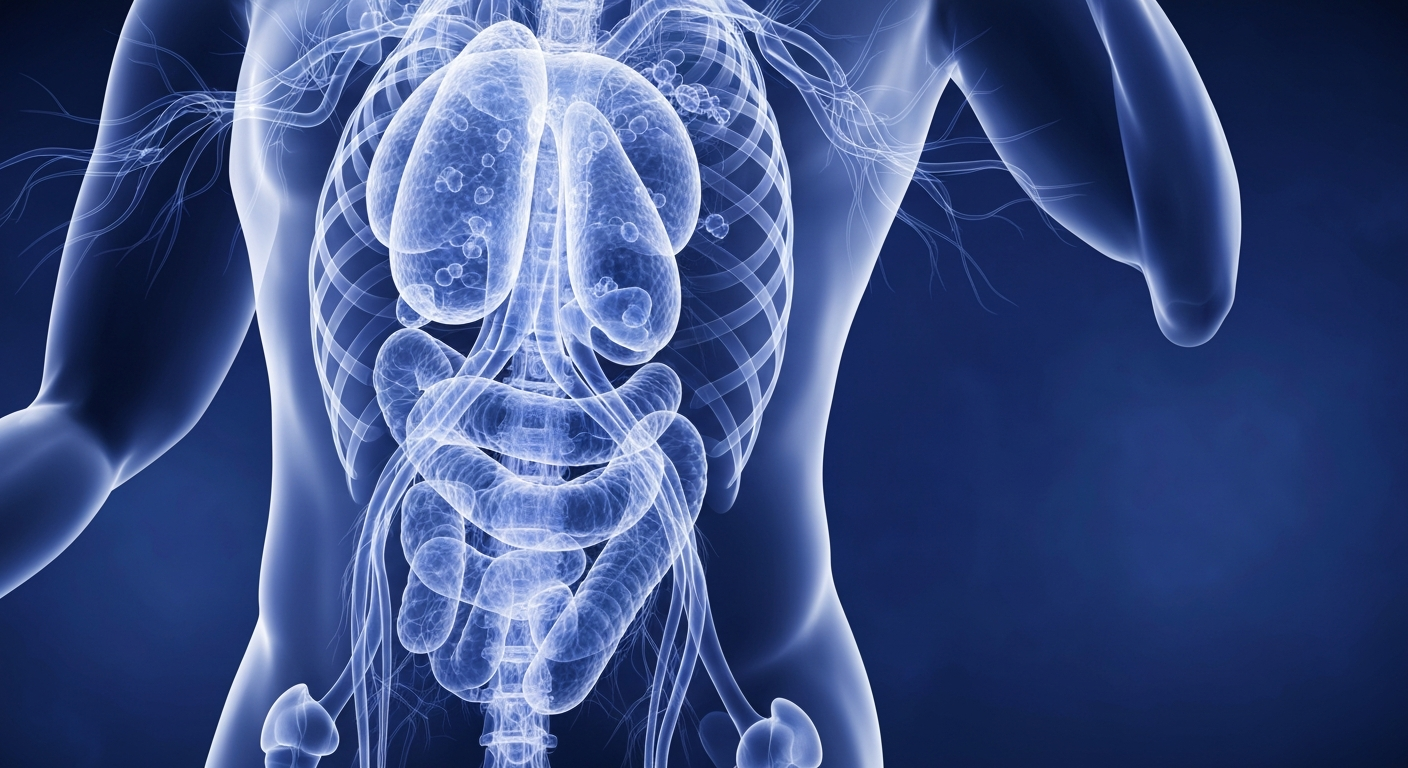 A translucent, X-ray-style image revealing the intricate structures and processes of the human metabolic system, conveying the complexity of optimizing one's metabolic health.