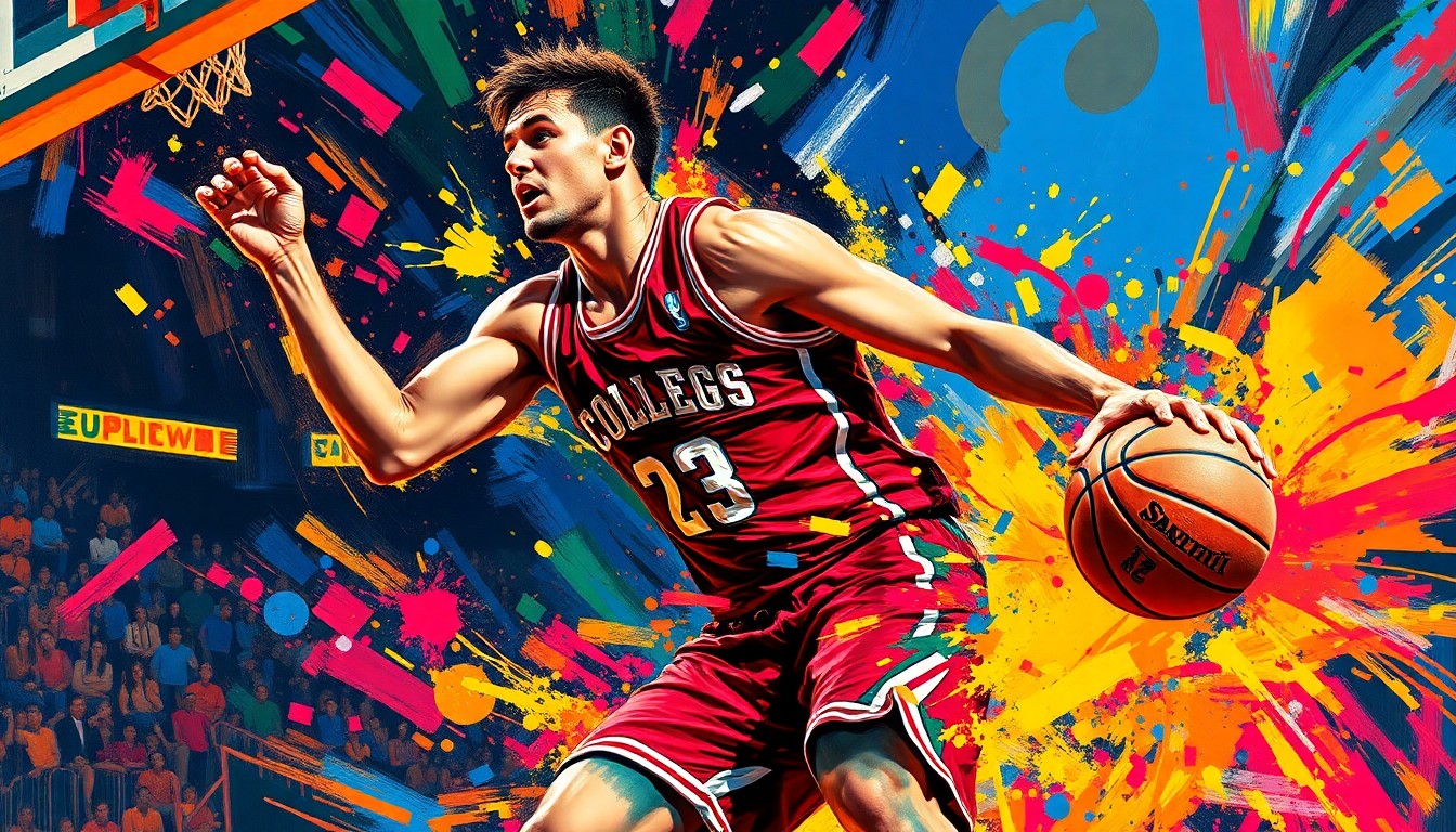 An extreme close-up of a college basketball player's body in motion, with vibrant, expressive brushstrokes in neon colors capturing the raw power and energy of the player's movements as he dominates the game.