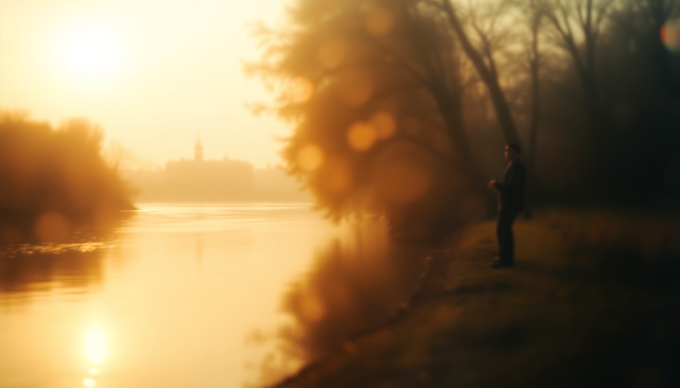 An impressionistic, out-of-focus photograph depicting a serene scene of a man fishing on a riverbank, with soft pools of warm light and muted colors, conveying a sense of nostalgia and the peaceful connection to nature that was central to Rodebaugh's life.