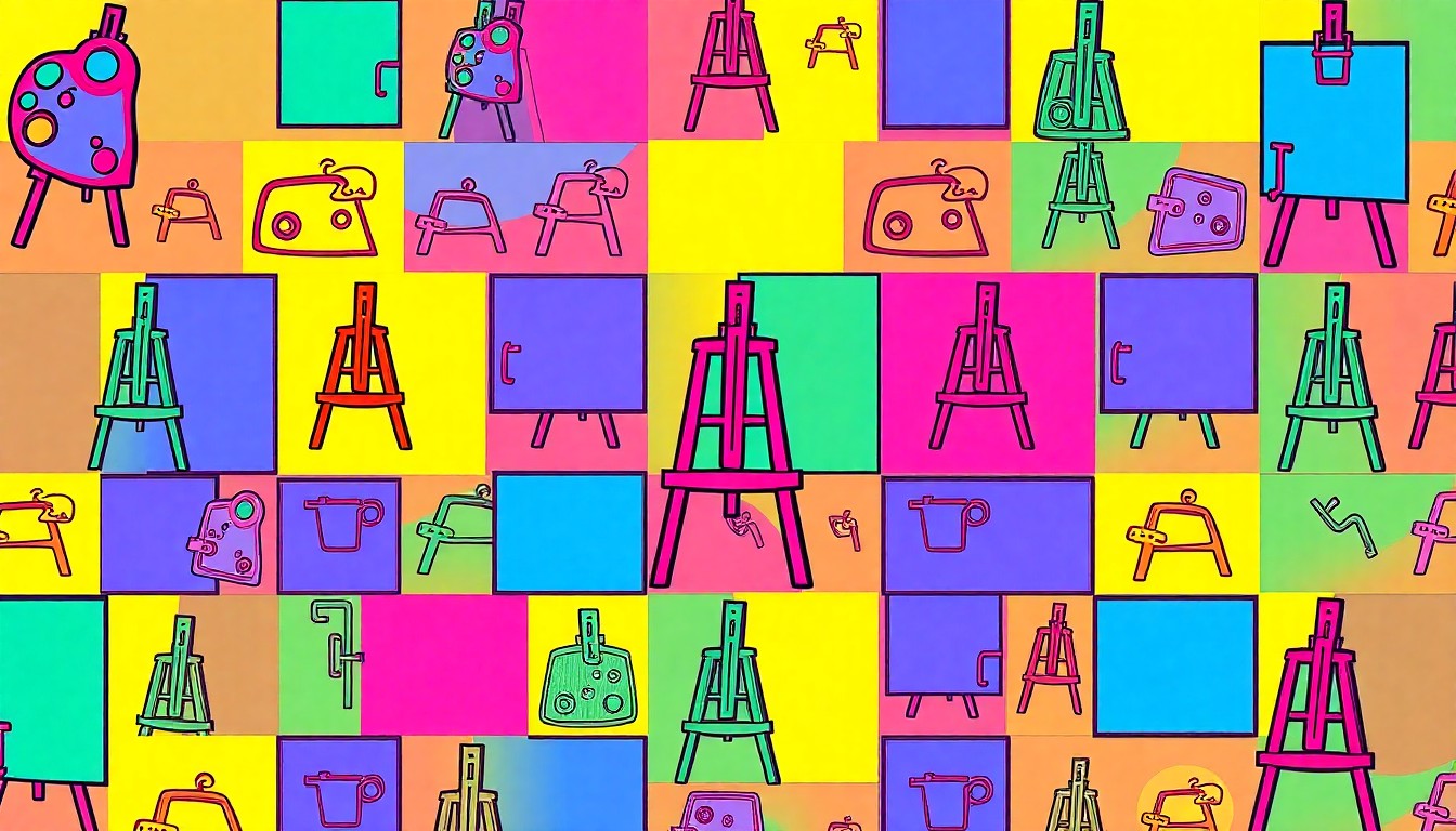 A vibrant, high-contrast silkscreen print featuring a repeated image of a paint palette in a grid pattern, using a bold, neon color palette to capture the energy and spirit of an art gallery celebration.