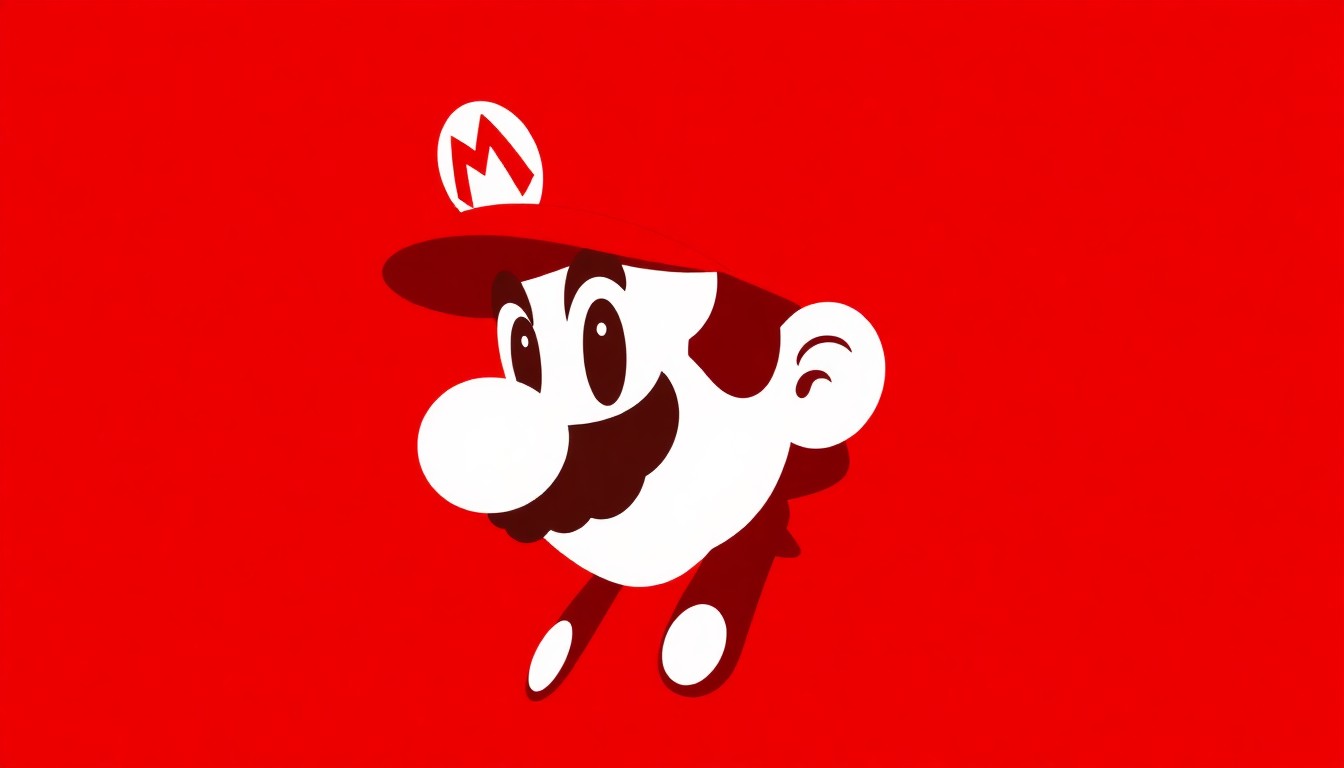 An abstract, minimalist illustration featuring a bold, jagged silhouette of the Super Mario character in striking red and white shapes, conceptually representing the creative challenges of translating the beloved video game icon to a live-action film.