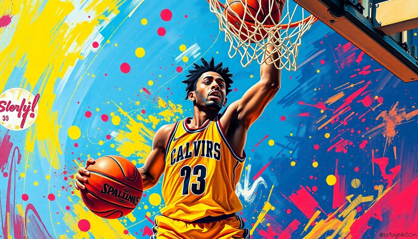An abstract, expressionist painting in neon colors depicting the explosive energy and scoring prowess of a young basketball player driving to the hoop, with the player's face and jersey details dissolving into unrecognizable splatters of paint.