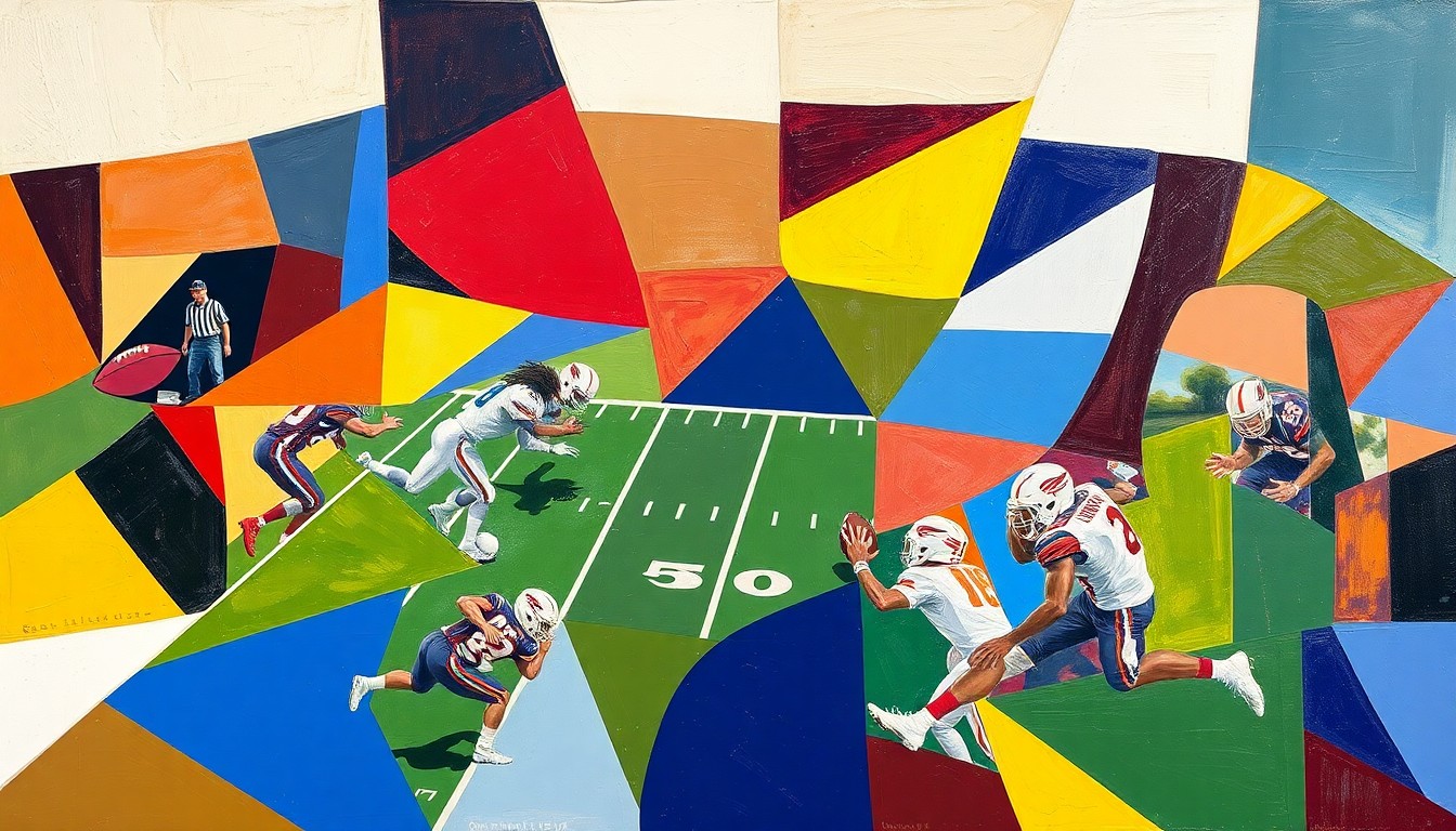 A cubist, geometric painting depicting a high school football game, with the players and field broken down into sharp, overlapping planes of color representing the teams' uniforms.