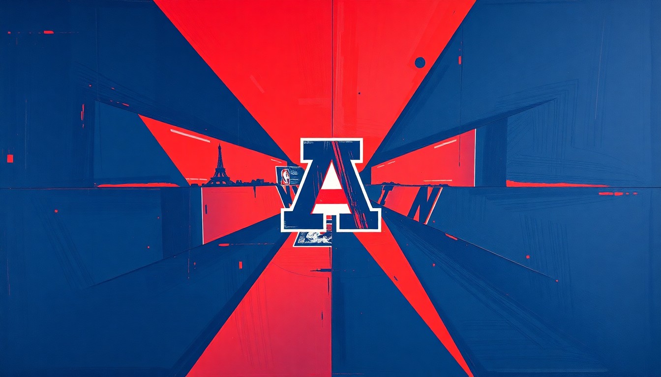 A fractured, multi-perspective painting in bold shades of red and blue, breaking down the action and energy of the 1988 Arizona Wildcats' Final Four team into sharp, overlapping geometric planes.