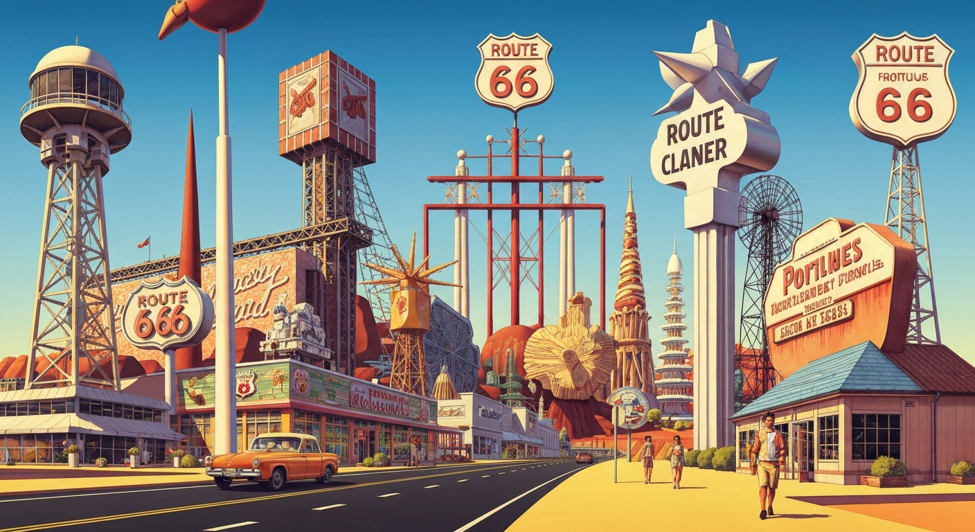 A highly stylized, geometric illustration depicting the grand scale and iconic landmarks of Route 66, including towering roadside attractions and sweeping vistas, captured in the bold, streamlined Art Deco style.