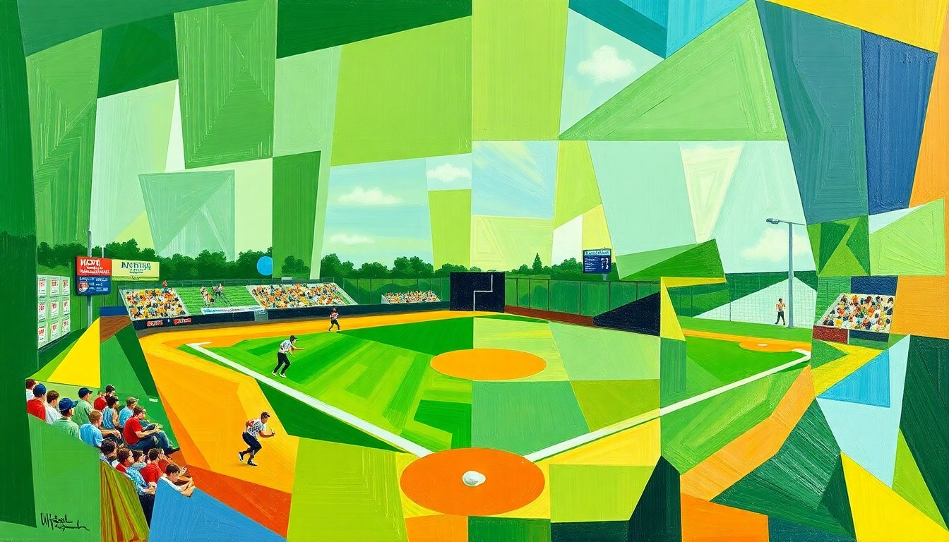 A fragmented, geometric painting in vibrant colors depicting a high school softball game, with overlapping planes and angles representing the dynamic movement and energy of the sport.