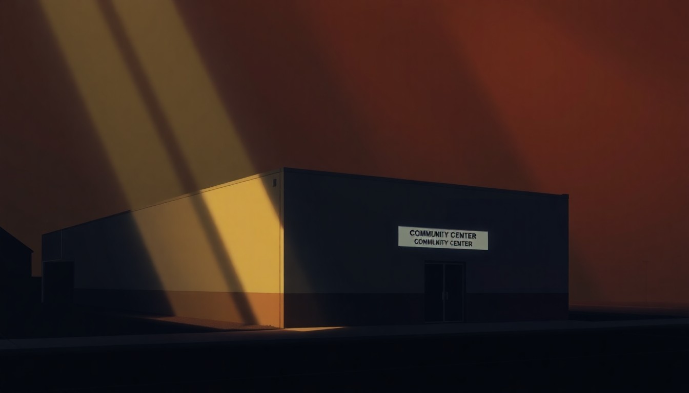 A warm, nostalgic painting of a two-story community arts building with large windows, set against a backdrop of palm trees and a clear blue sky, capturing the quiet energy of a vibrant neighborhood arts district.