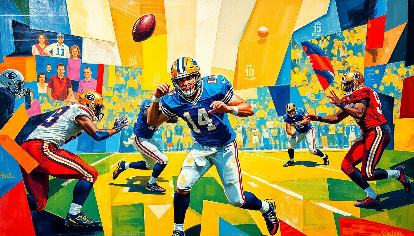 A cubist, geometric painting depicting a football player in motion, with sharp, overlapping planes of color representing the dynamic energy of the sport.