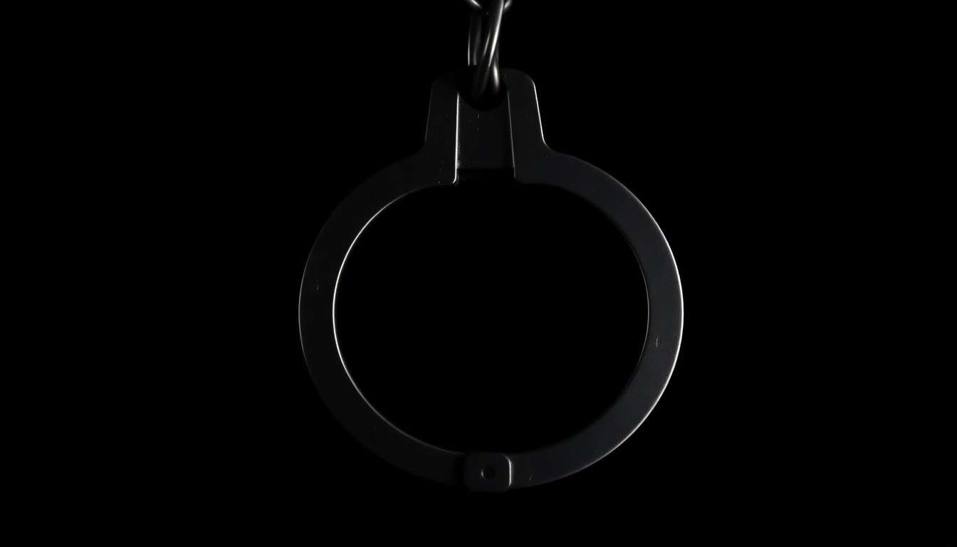 An extreme close-up photograph of a handcuff lock against a pitch-black background, lit by a harsh, direct camera flash, conceptually representing the arrest of an alleged child sex offender.