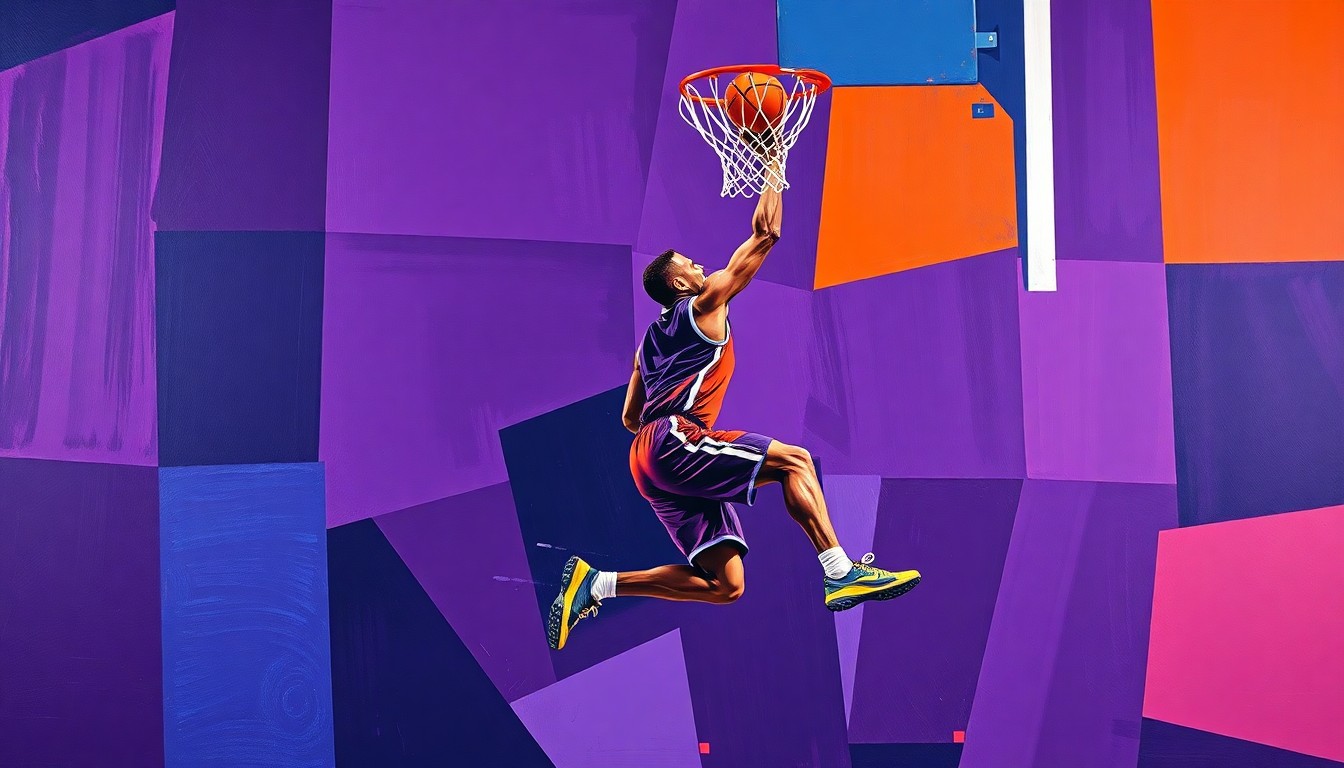 A cubist-style painting depicting a basketball player in motion, with their body broken down into sharp, overlapping geometric shapes in deep purple, navy blue, and bright orange tones, conveying a sense of disruption and uncertainty.