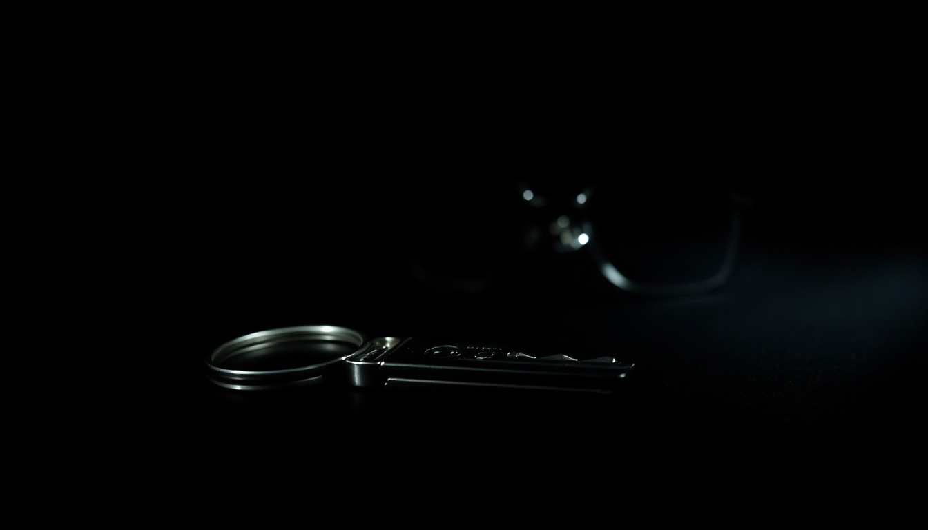 An extreme close-up of a shiny metal object, such as a car key or a pair of eyeglasses, lit by a harsh, direct camera flash against a pitch-black background, conveying a sense of mystery and urgency around a missing person case.
